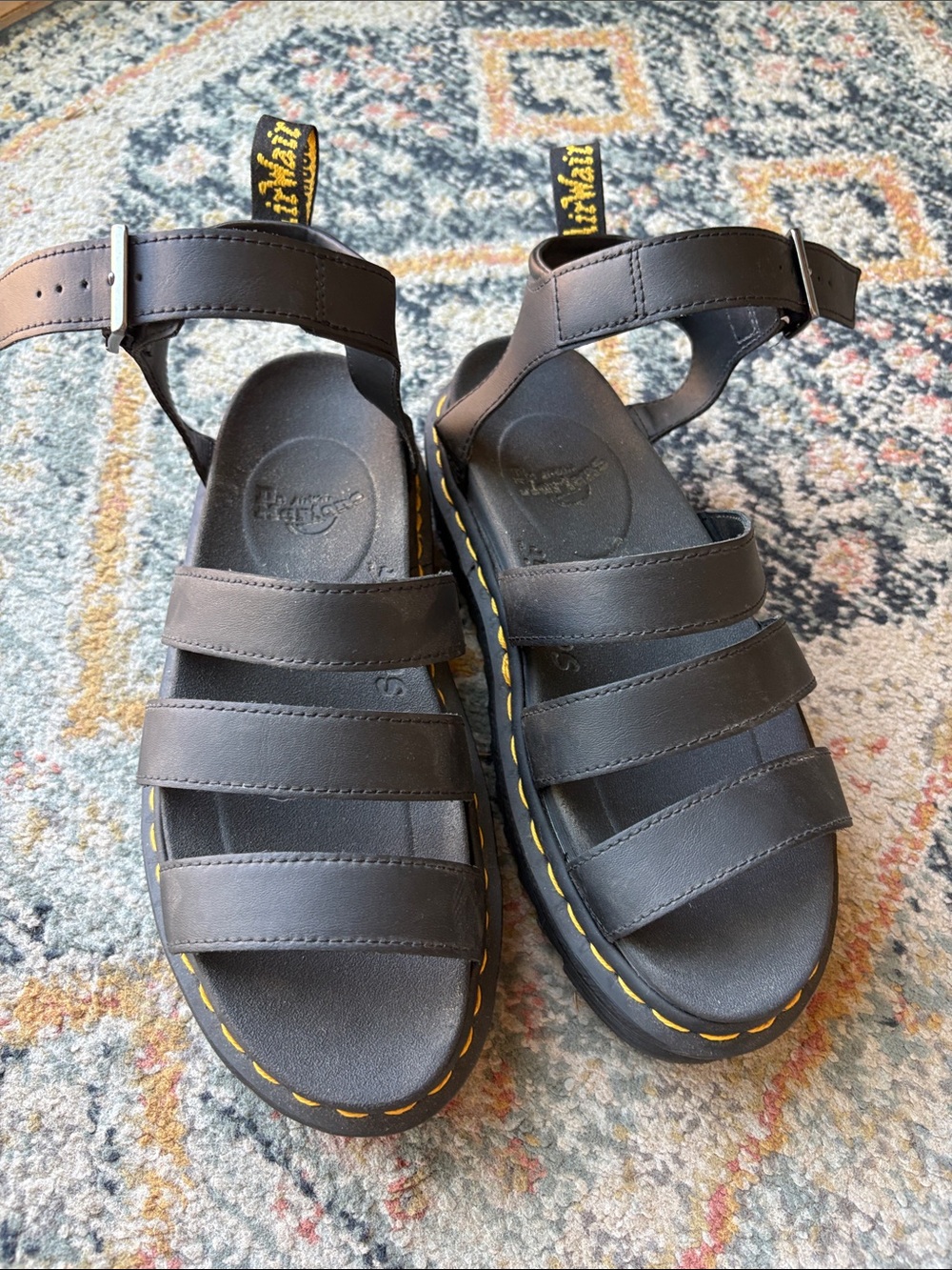 Dr. Martens Kids Black Leather Gladiator Sandals with Yellow Stitching